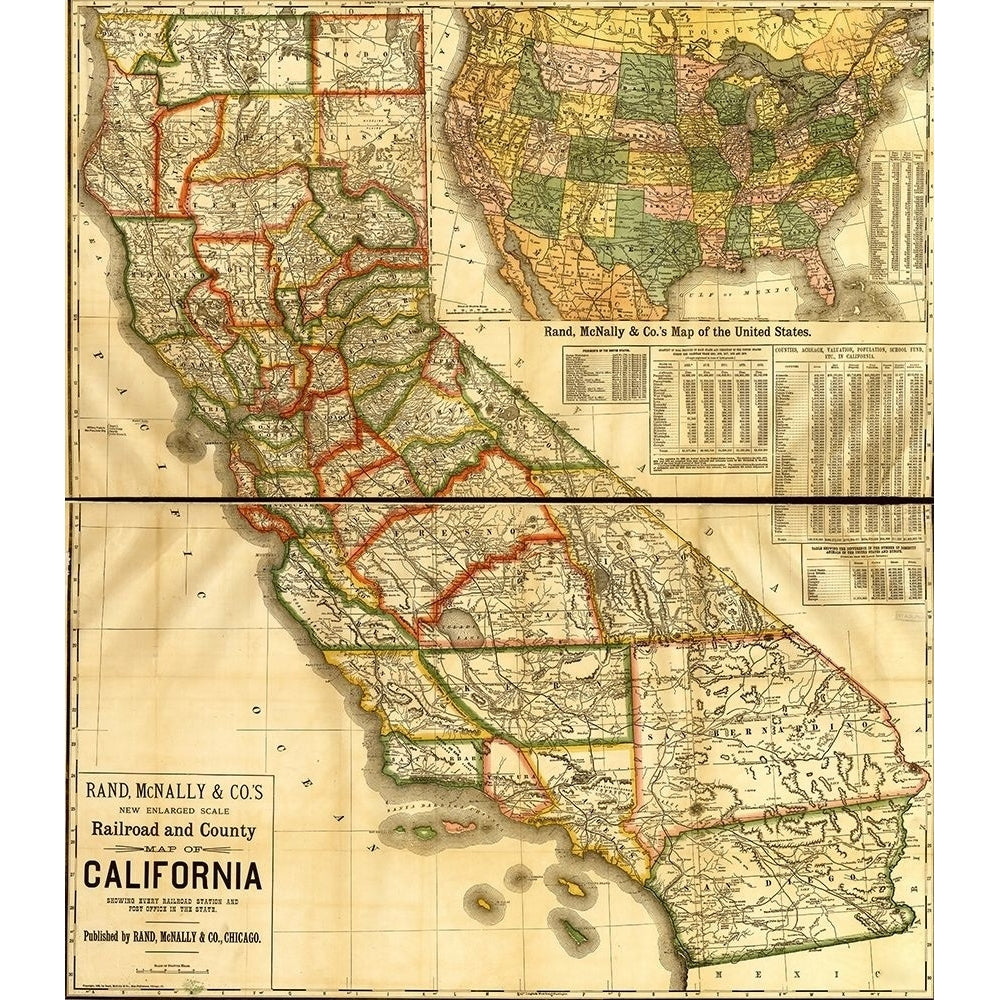 Railroad and county map of California showing every railroad station and post office 1883 by Vintage Maps Image 1