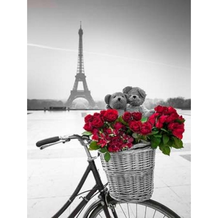 Teddy Bears and bunch of red roses on bicycle with Eiffel tower in the background Print by Assaf Frank Image 1