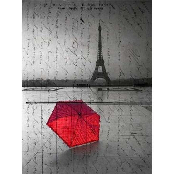 Red umbrella in front of the Eiffel tower with handwritting overlay Poster Print by Assaf Frank Image 2