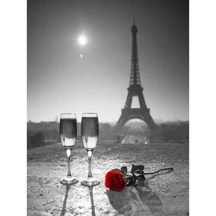 Champagne glasses with red rose next to the Eiffel tower Poster Print by Assaf Frank Image 1