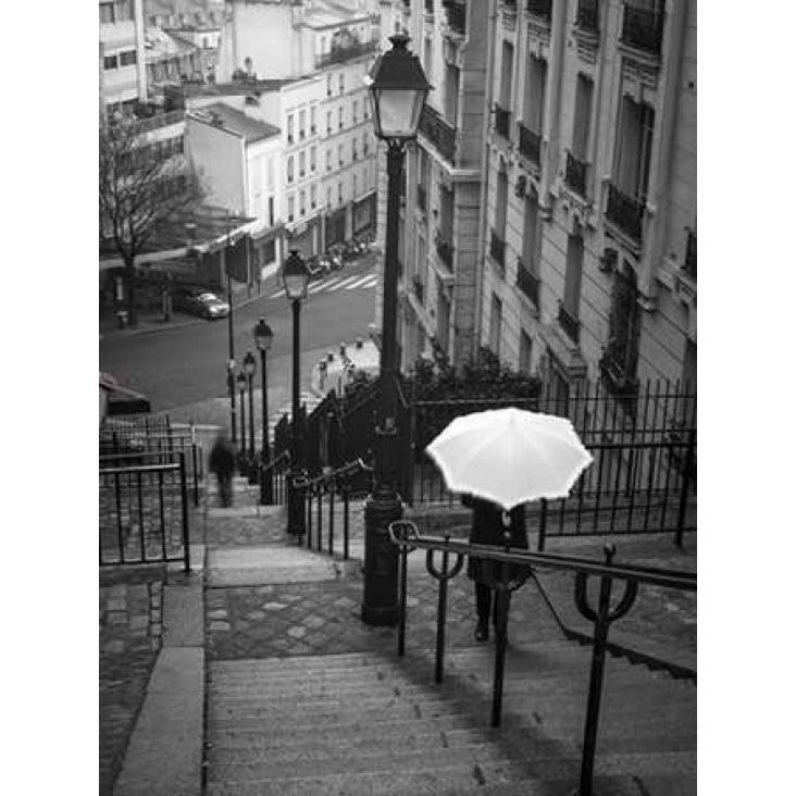 Woman with white umbrella standing on staircase in Montmartre Paris France Poster Print by Assaf Frank Image 1