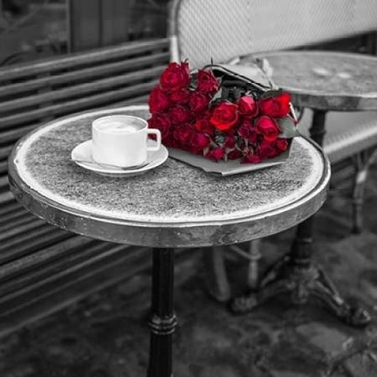 Bunch of flowers on sidewalk cafe table Paris France Poster Print by Assaf Frank Image 1