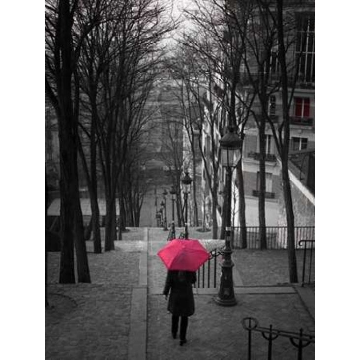 Woman with red umbrella standing on staircase in Montmartre Paris France Poster Print by Assaf Frank Image 2