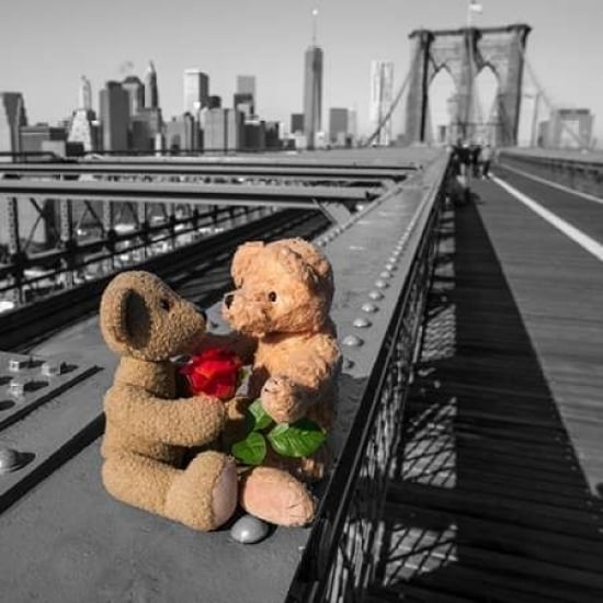 Pair of teddy bears with a red rose on Brooklyn Bridge York Poster Print by Assaf Frank Image 1