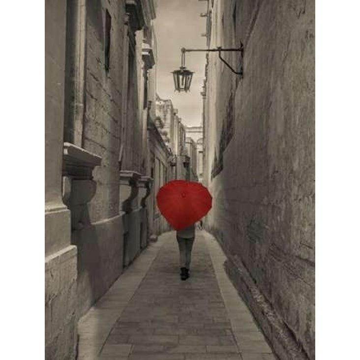 Tourist with heart shaped umbrella walking through narrow street of Mdina Malta Poster Print by Assaf Frank Image 2