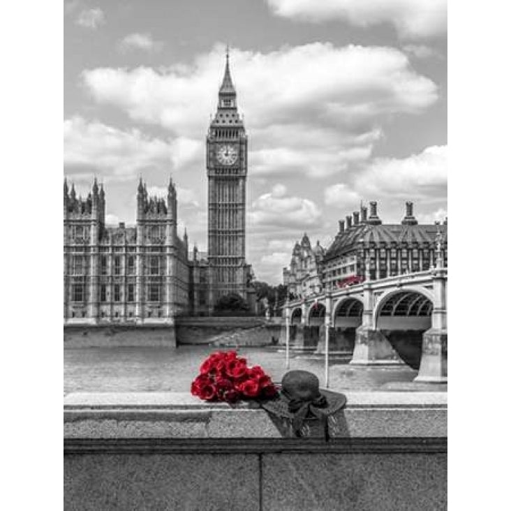 Bunch of Roses and hat on Thames promenade agaisnt Big Ben London UK Poster Print by Assaf Frank Image 1