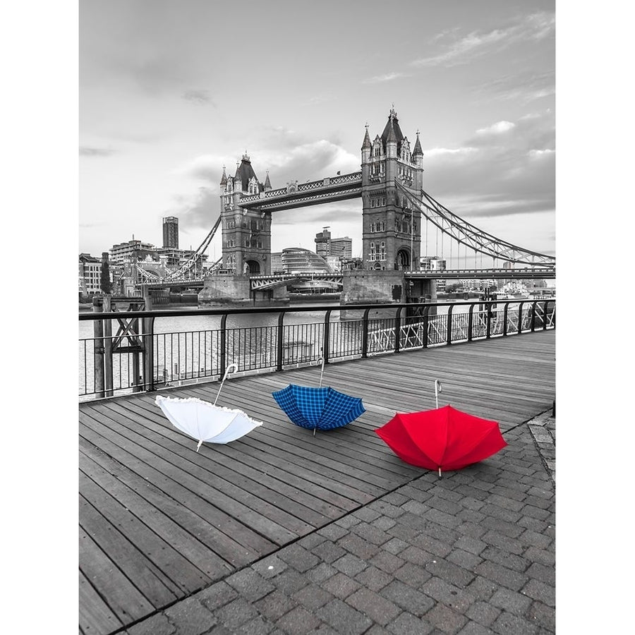 Colorful umbrellas on promenade near Tower bridge London UK Poster Print by Assaf Frank Image 1