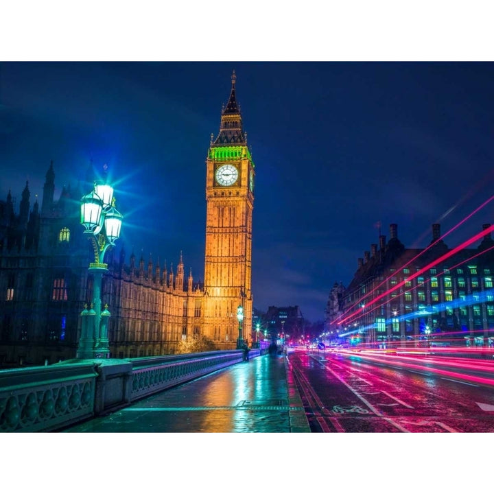 Big ben and westminster bridge with strip lights at night London Poster Print by Assaf Frank Image 1