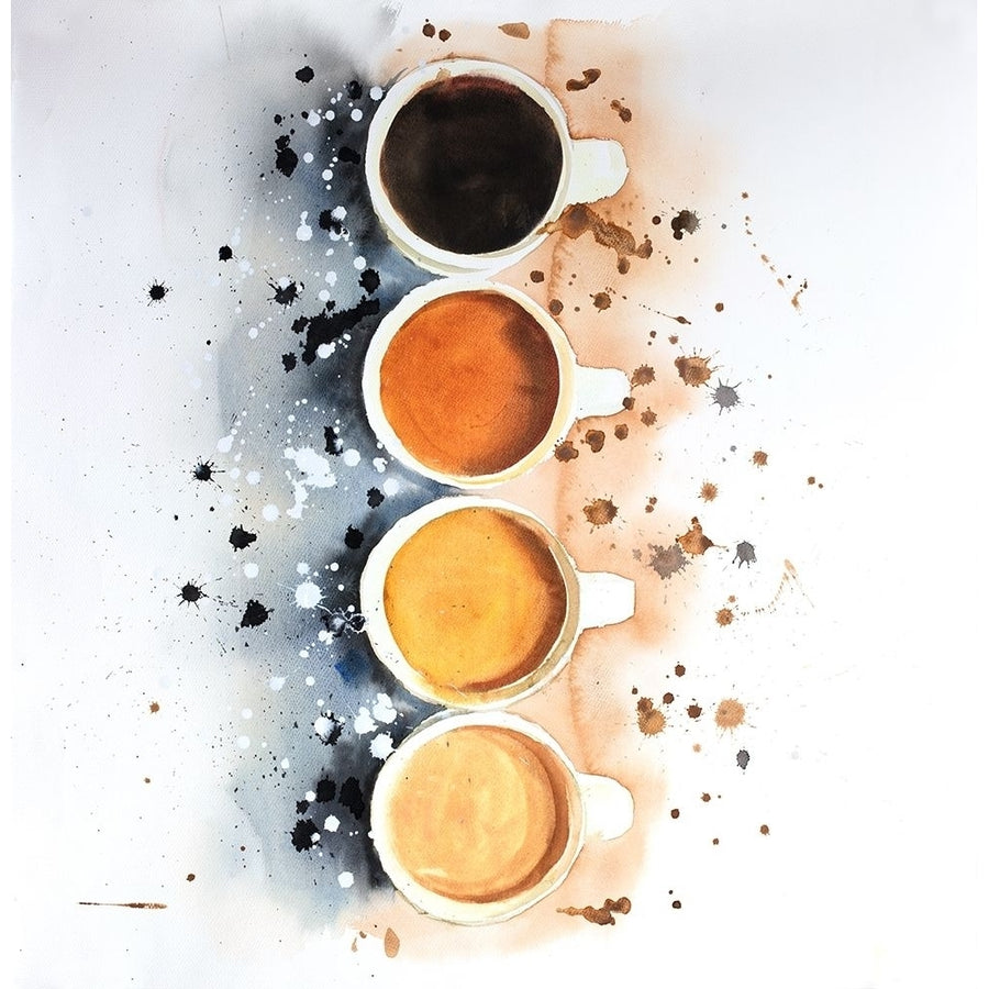 FOUR CUPS OF COFFEE WITH PAINT SPLASH Poster Print by Atelier B Art Studio Image 1