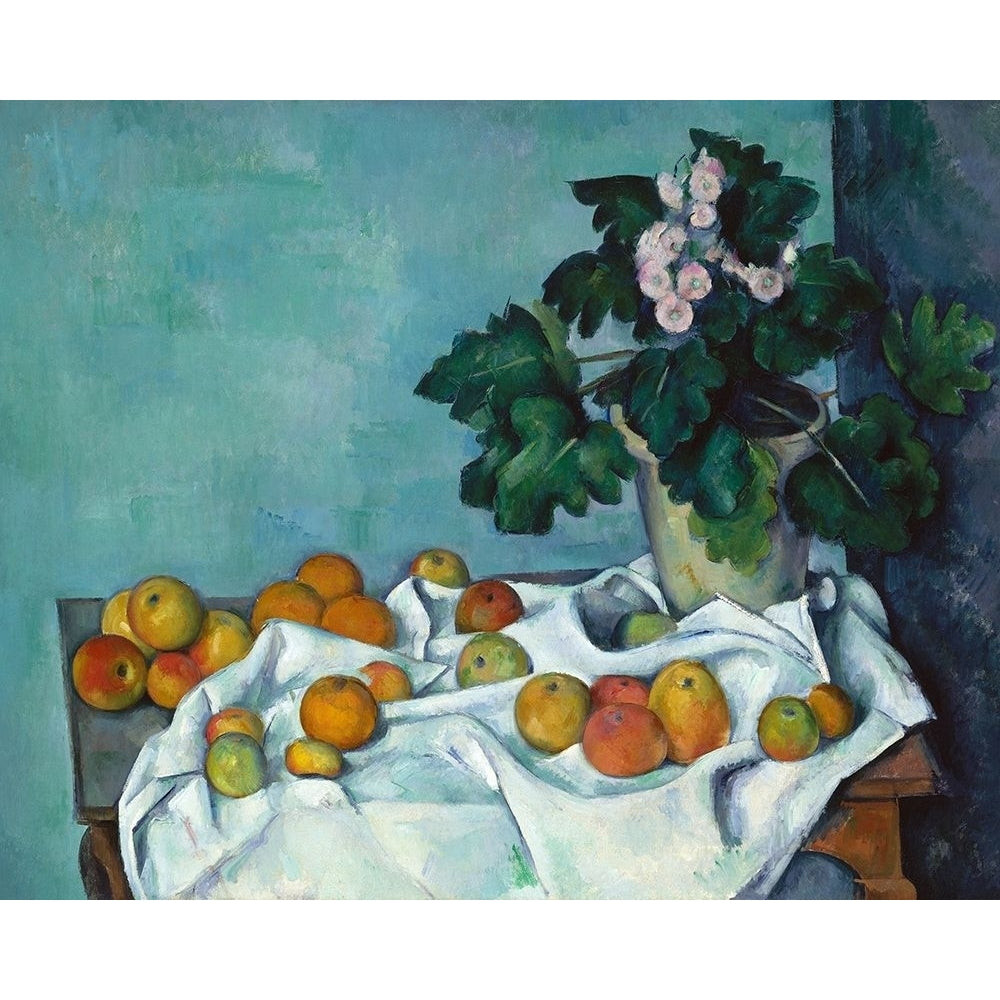 Still Life with Apples and a Pot of Primroses Poster Print by Paul Cezanne Image 1