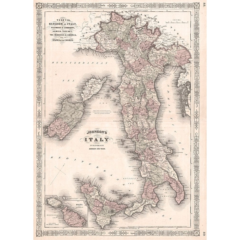 1866 Johnson Map of Italy Poster Print by Johnson Johnson FAS2053 Image 1