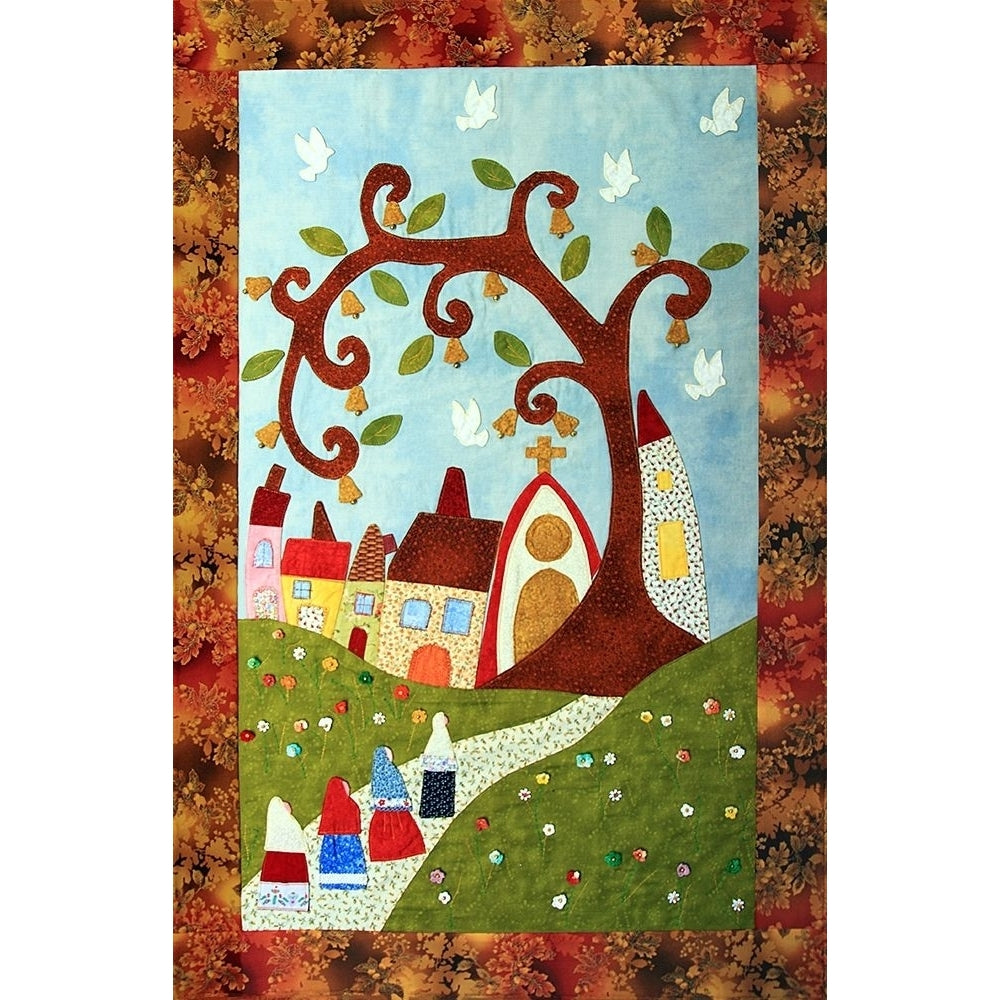 Country Patchwork With Tree  Church And Houses Poster Print by anonymous Image 1