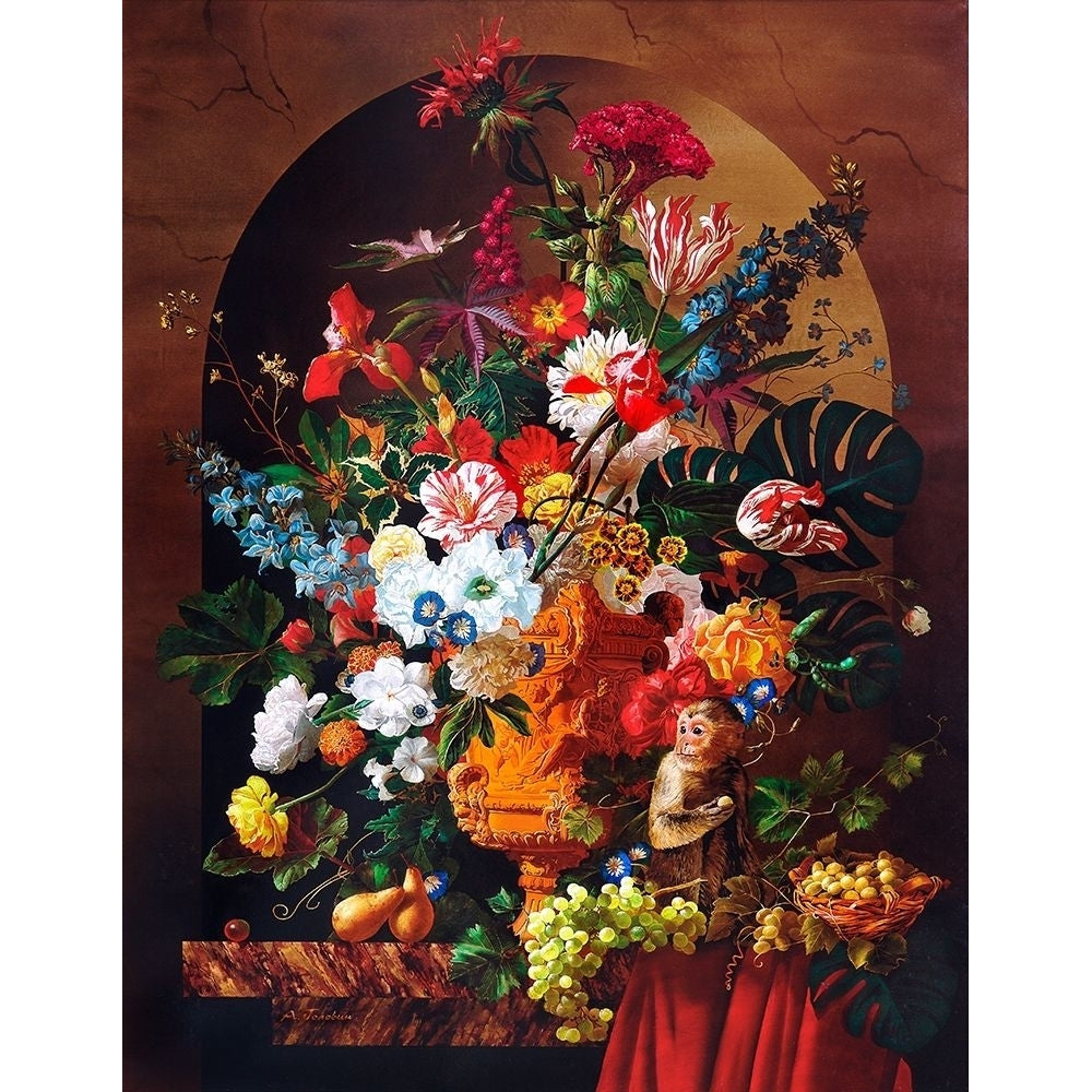 Still life with a monkey flowers and fruits Poster Print by Konstantin Golovin Image 1