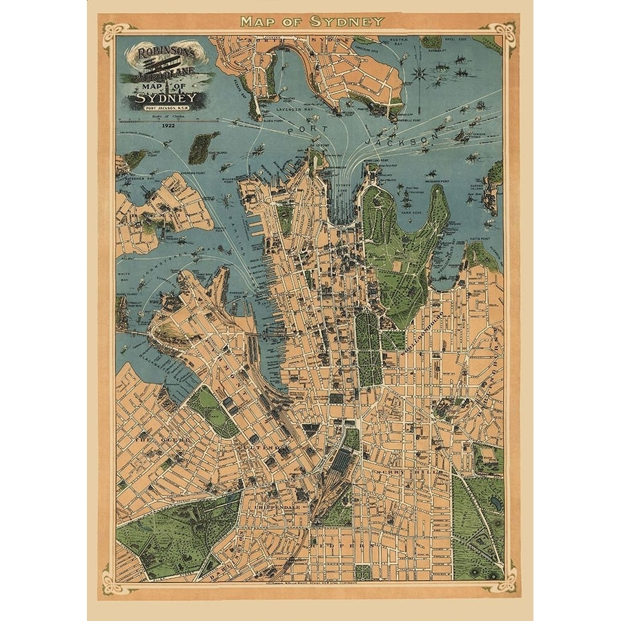 Sydney Australia Aeroplane View - Robinson 1922 Poster Print by Robinson Robinson ITAU0001 Image 1