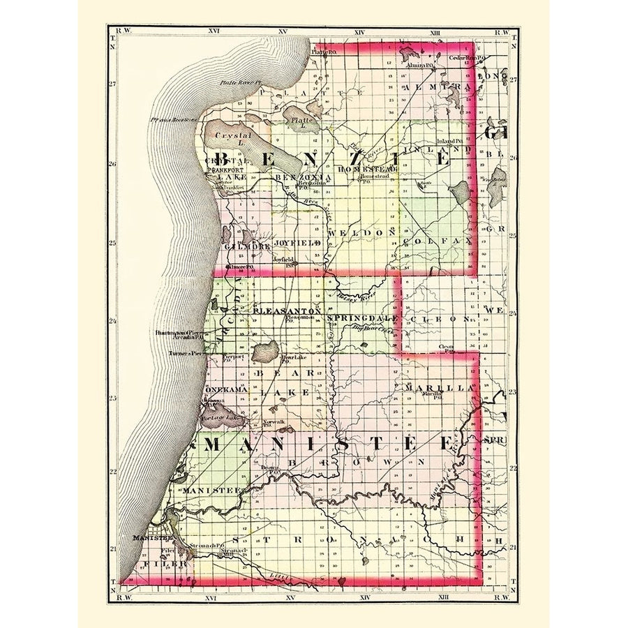 Benzie Manistee Michigan - Walling 1873 Poster Print by Walling Walling MIBE0001 Image 1