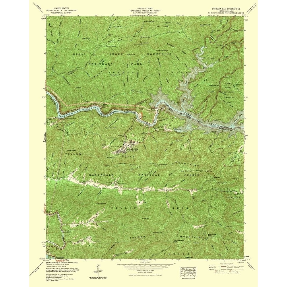 Fontana Dam North Carolina Quad - USGS 1935 Poster Print by USGS USGS NCFO0004 Image 1