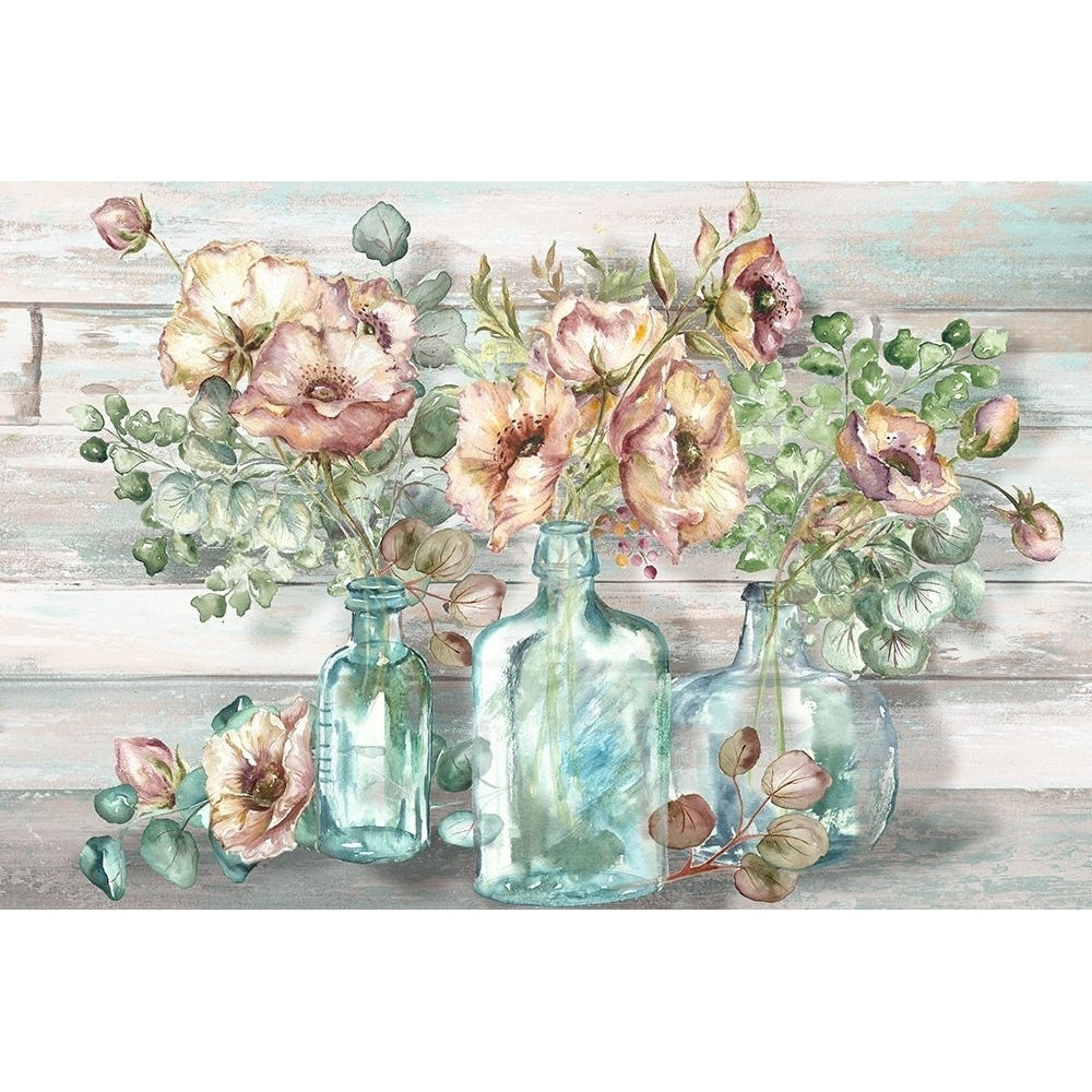 Blush Poppies and Eucalyptus in bottles landscape Poster Print by Tre Sorelle Studios Image 1