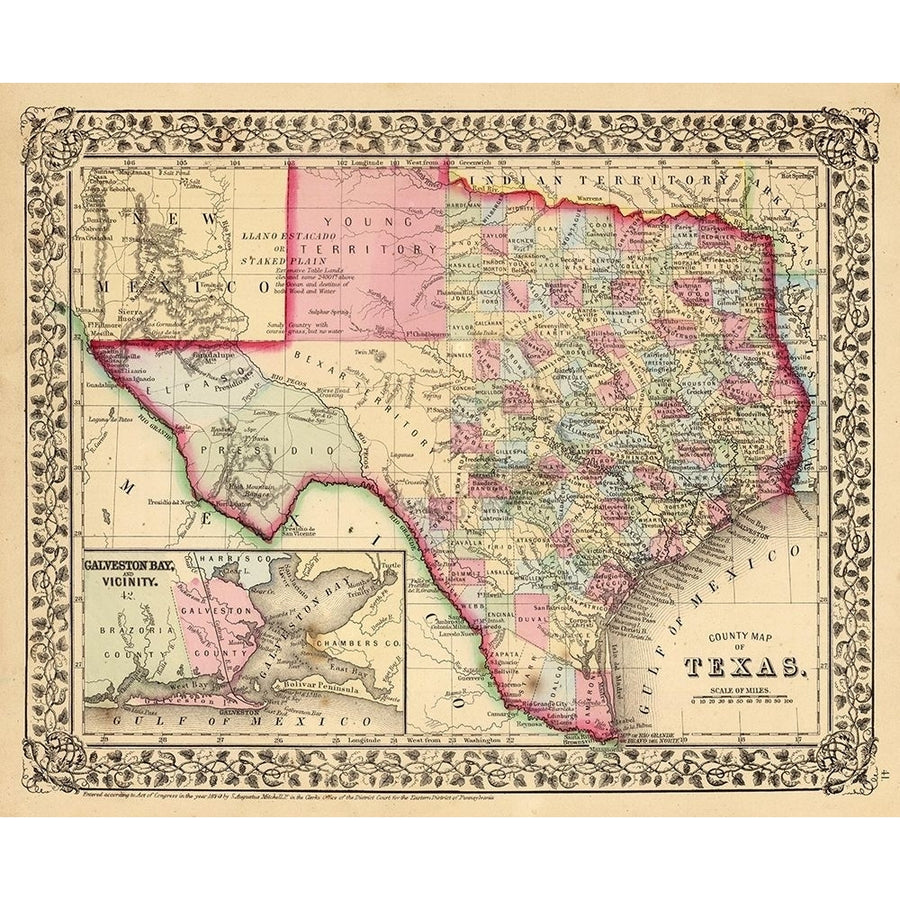 Texas County Map - Mitchell 1870 Poster Print by Mitchell Mitchell TXTE0008 Image 1