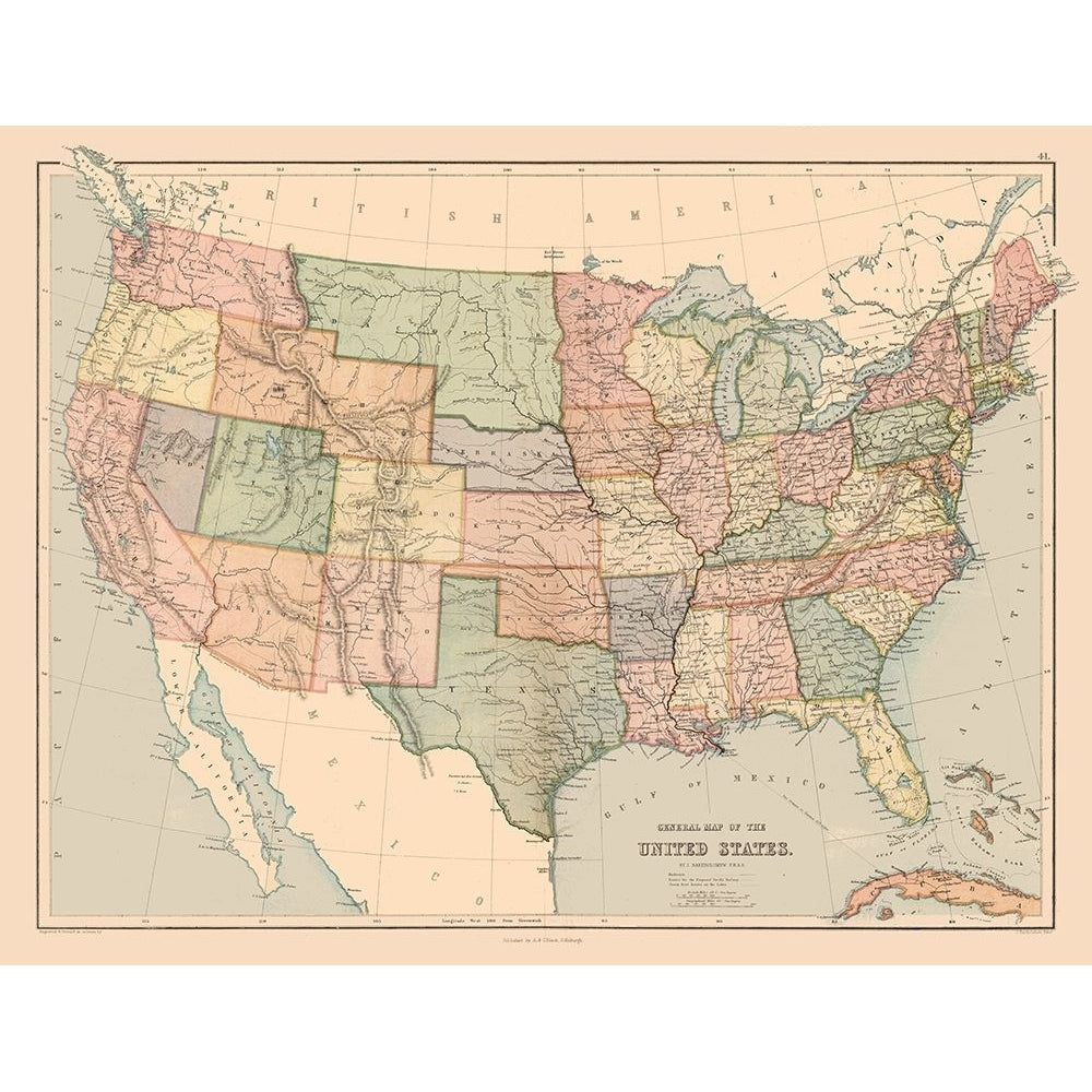 General Map of US - Black 1867 Poster Print by Black Black USGM0001 Image 1