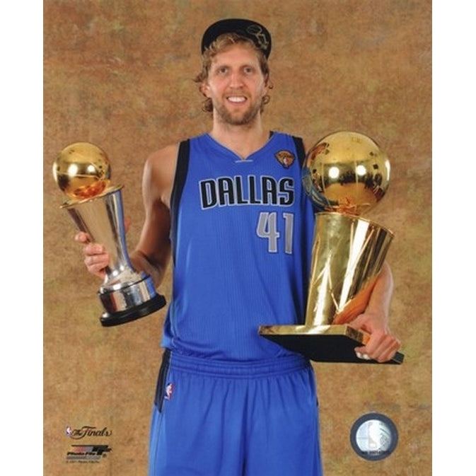 Dirk Nowitzki with the 2011 NBA Championship and MVP Trophies Game 6 of the 2011 NBA Finals Sports Photo Image 1