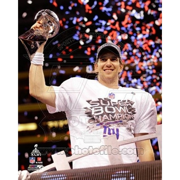 Eli Manning with the Vince Lombardi Trophy Super Bowl XLVI Sports Photo Image 1