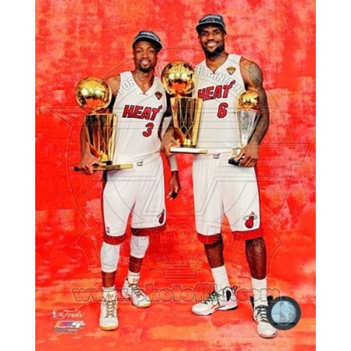 LeBron James and Dwyane Wade with the 2012 NBA Finals and MVP Trophies Game 5 of the 2012 NBA Finals Sports Photo Image 1