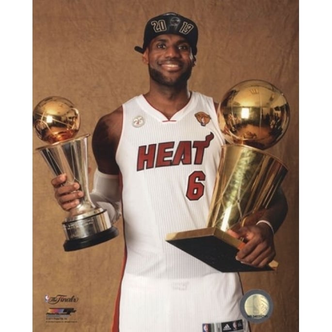 LeBron James with the NBA Championship and MVP Trophies Game 7 of the 2013 NBA Finals Sports Photo Image 1