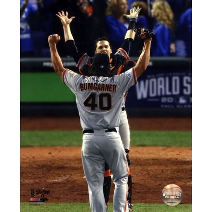 Buster Posey and Madison Bumgarner celebrate winning Game 7 of the 2014 World Series Sports Photo Image 1