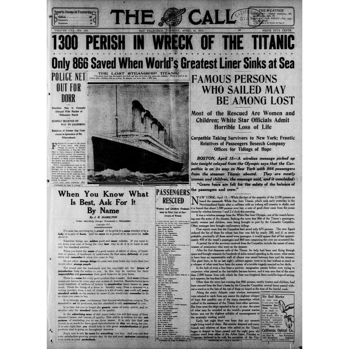 Newspaper The Call 16 April 1912 Titanic headline Poster Print Image 1