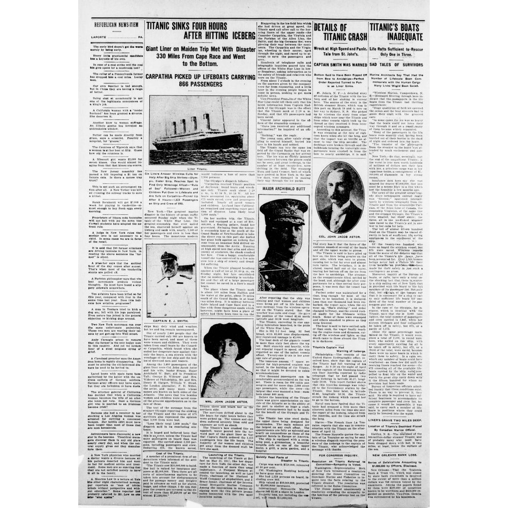 Newspaper Republic News item 18 April 1912 Titanic sinks 4 hours after hitting iceberg Poster Print Image 1