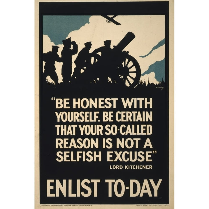 Parliamentary Rec Com WWI Recruitment Poster 1915 Enlist Today Lord Kitchener Poster Print Image 1