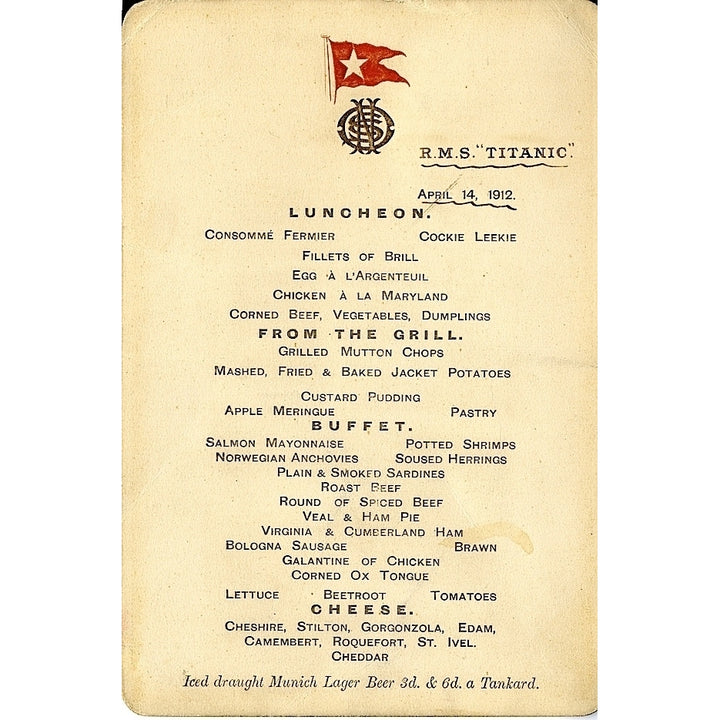 RMS Titanic Menu for 14th April 1912 Poster Print Image 1