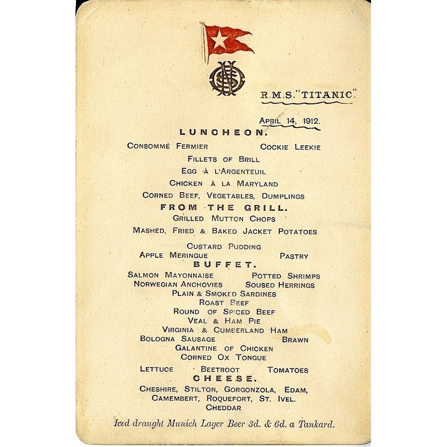 RMS Titanic Menu for 14th April 1912 Poster Print Image 1