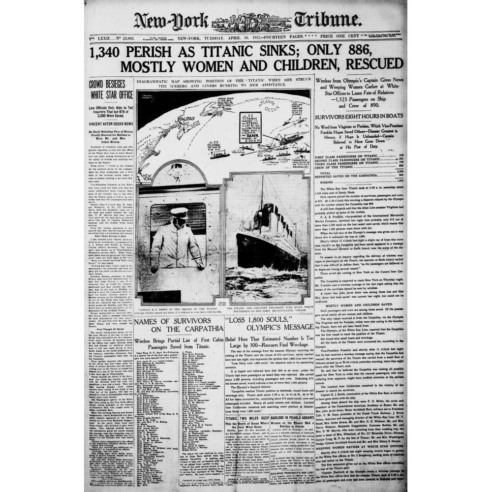 Newspaper York Tribune 16 April 1912 Titanic headline Poster Print Image 2