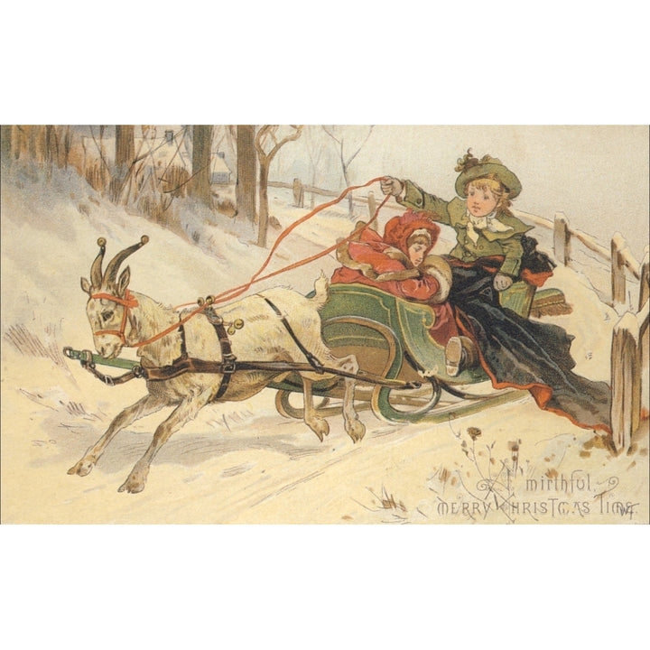 Christmas card Children with goat sleigh in snow Poster Print Image 1