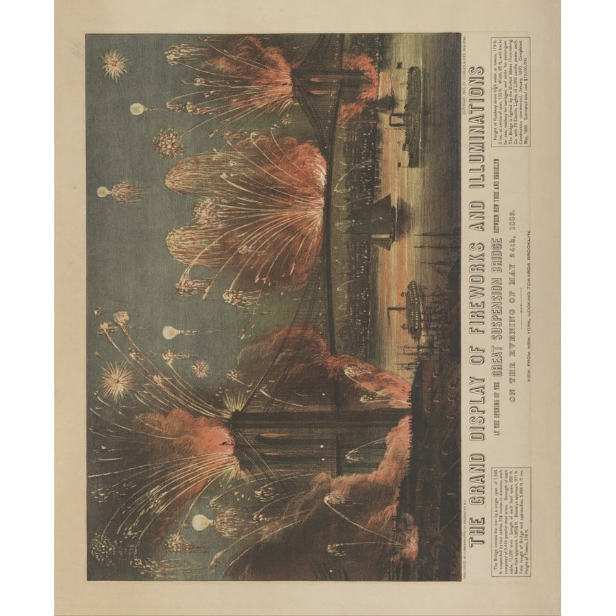 Currier and Ives. Print 1883 Fireworks at opening of Brooklyn Bridge Poster Print Image 1