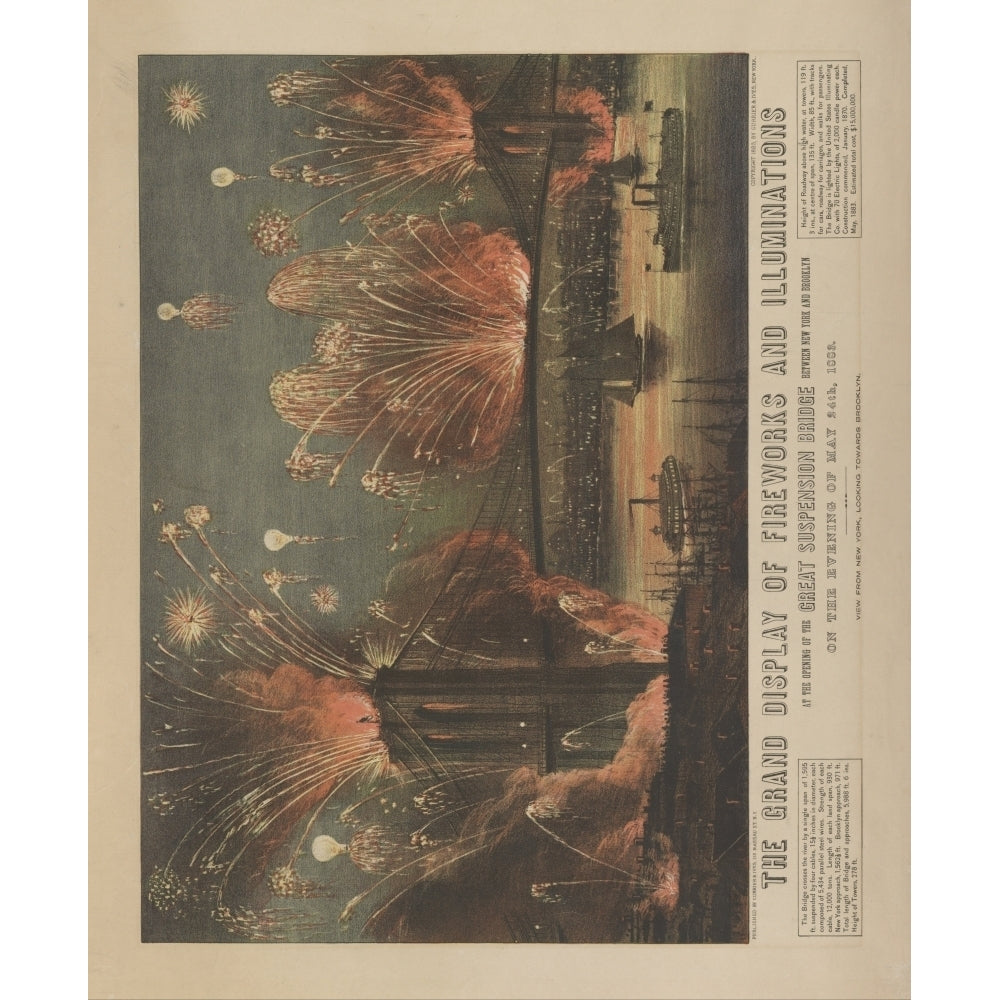 Currier and Ives. Print 1883 Fireworks at opening of Brooklyn Bridge Poster Print Image 2