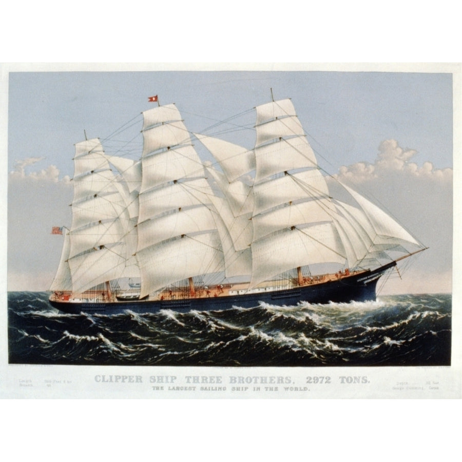 Currier and Ives Clipper Ship Three Brothers 1875 Poster Print Image 1