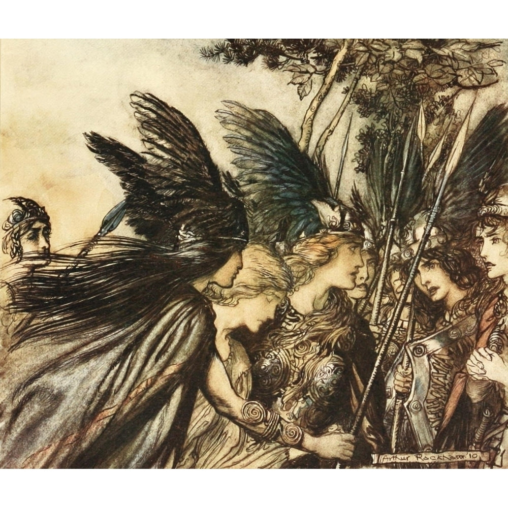 Rhinegold and the Valkyrie 1910 Br nnhilde flees Poster Print by A. Rackham Image 1