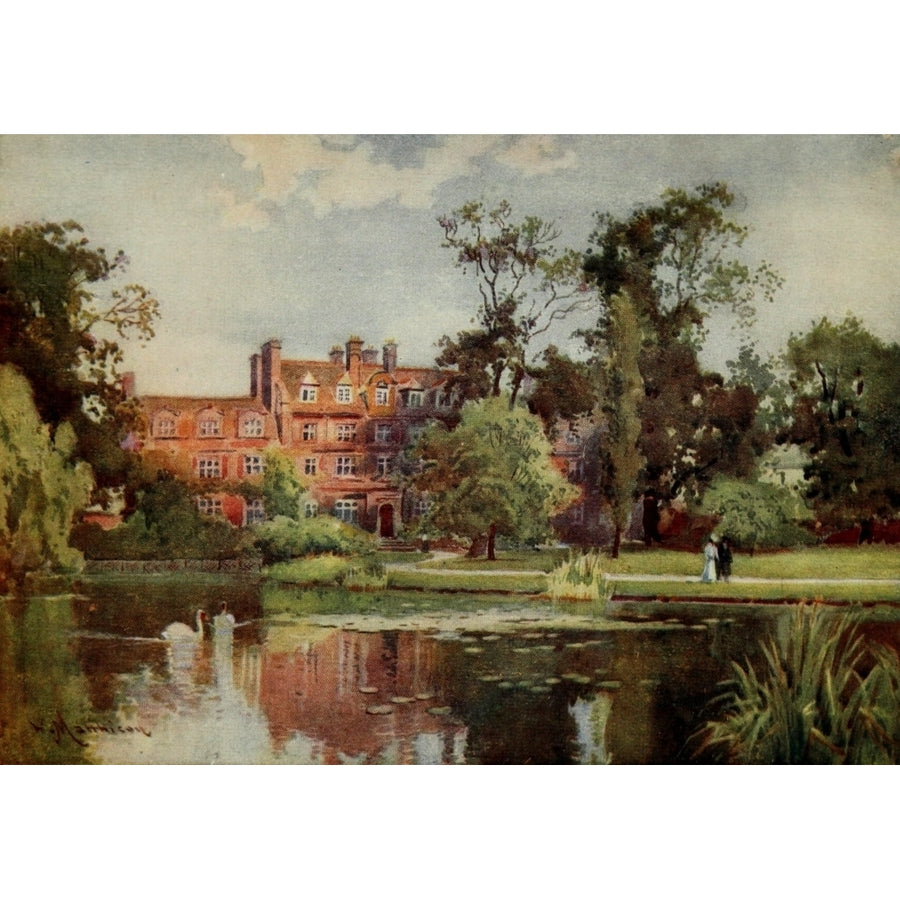 Cambridge 1907 Emmanuel college lake and buildings Poster Print by William Matthison Image 1