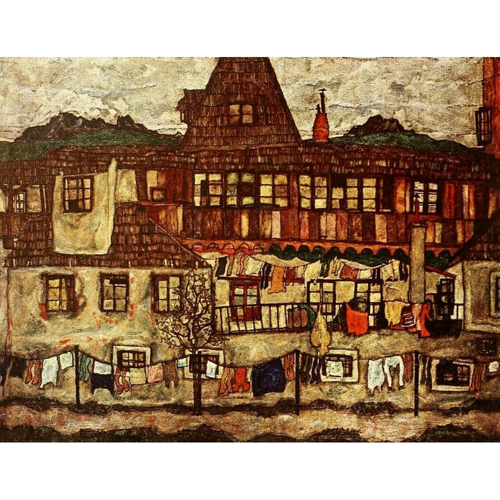 Houses with Drying Laundry 1917 Poster Print by Egon Schiele Image 1