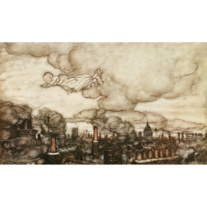 Peter Pan in Kensington Gardens 1912 Away he flew Poster Print by Arthur Rackham Image 1