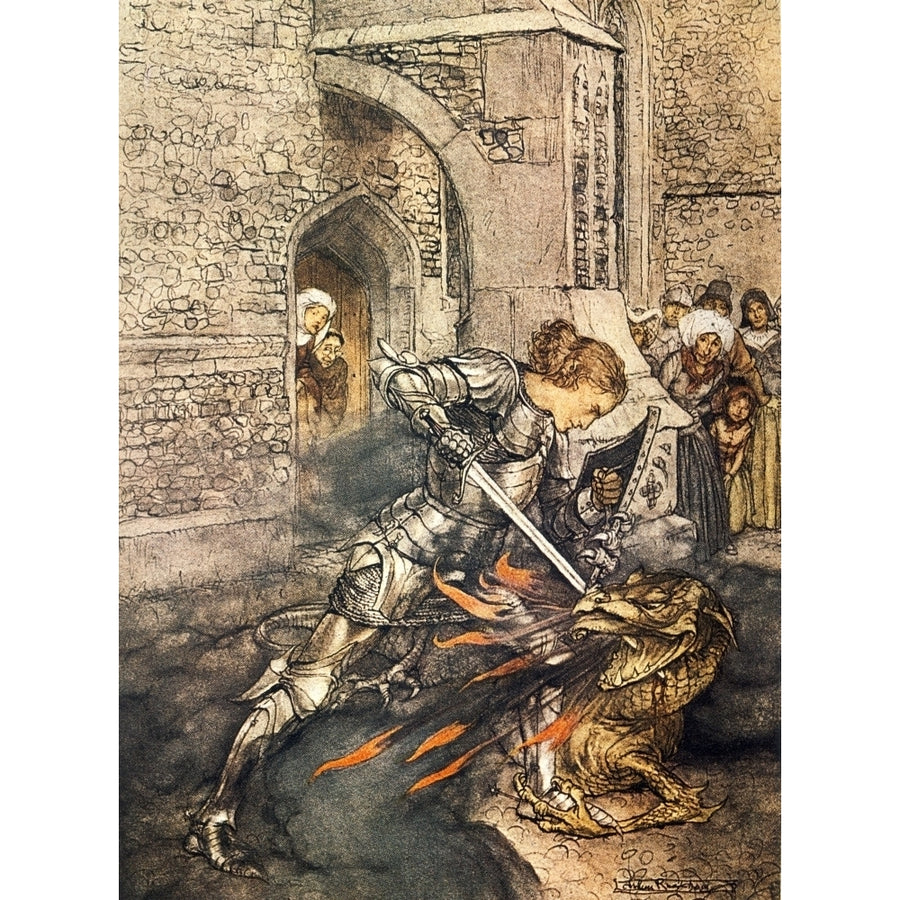 Romance of King Arthur 1917 Sir Lancelot and Dragon Poster Print by A. Rackham Image 1