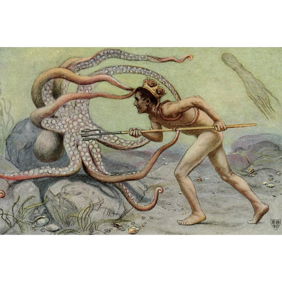 The Great Sea Horse 1909 Young Neptune battling octopus Poster Print by John Elliott Image 1