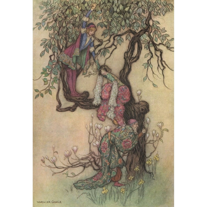 Works of Geoffrey Chaucer 1912 January helping May into the tree Poster Print by Warwick Goble Image 1