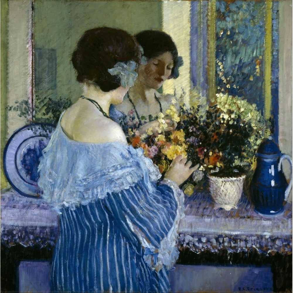 Girl in Blue arranging flowers Poster Print by Frederick C. Frieseke Image 2