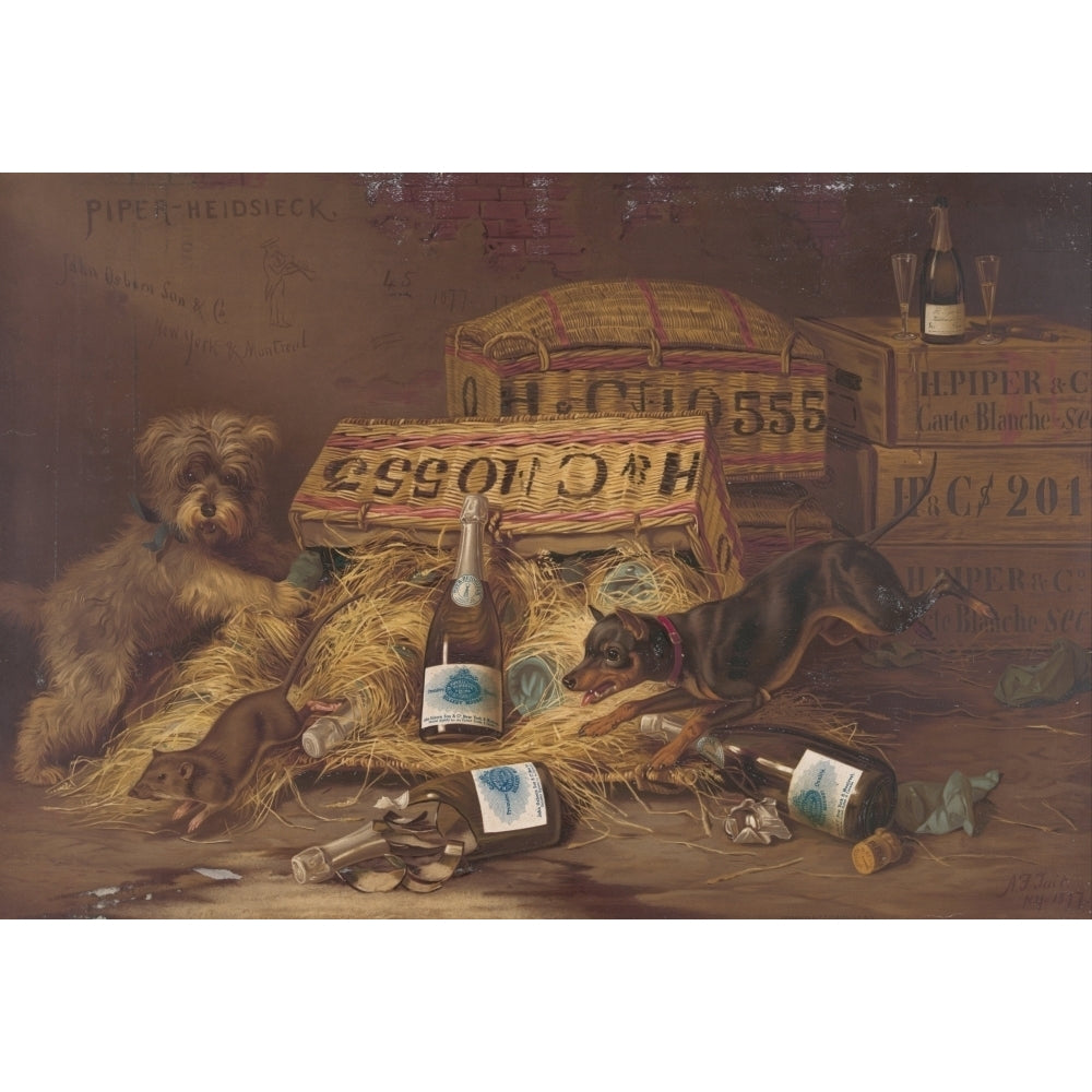 Two dogs chasing mouse through open case of champagne c.1887 Poster Print by Herman Bencke Image 1