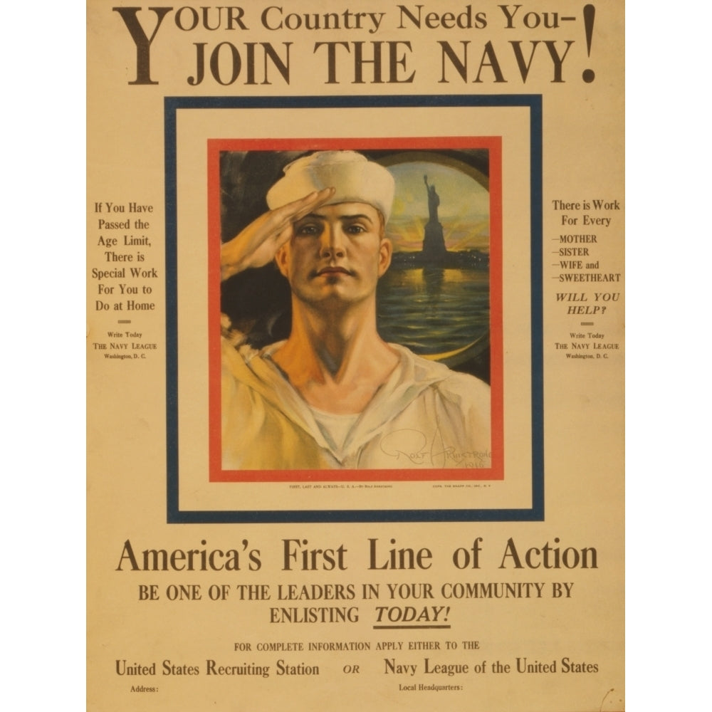 WWI Recruitment Poster 1914 Join the Navy Poster Print by Rolf Armstrong Image 1