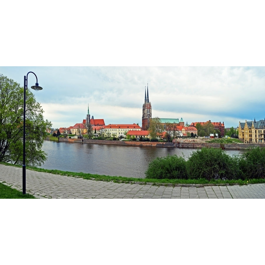 River with a cathedral in the background Oder River Cathedral Island Wroclaw Silesia Poland Print by Panoramic Image 1