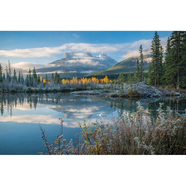 Lake with mountains in background Beaverlodge Three Sisters Canmore Alberta Canada Print by Panoramic Images Image 1